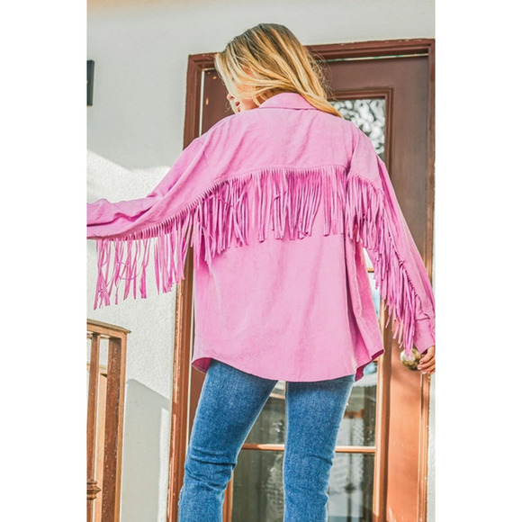 Mauve Pink Fringe Back Detailed Button Down Jacket Shacket - Picture 3 of 5